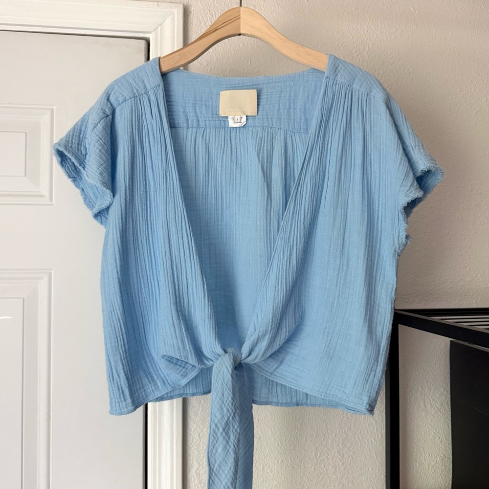ANAAK light baby blue powder cotton gauze tie front short‎ sleeve boxy cropped